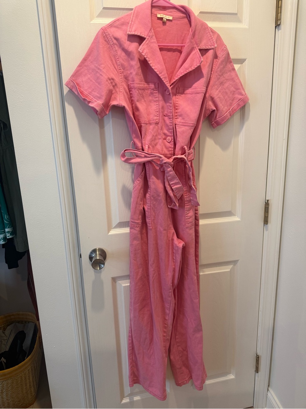 Skies Are Blue Pink Short-Sleeve One-Piece Jumpsuit with Tie Waist